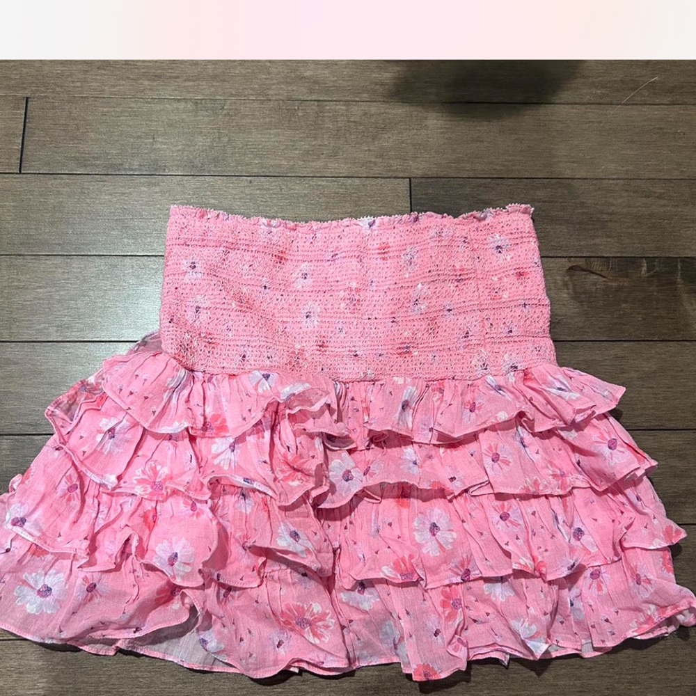 LoveShackFancy Pink Floral Ruffle Mini Skirt